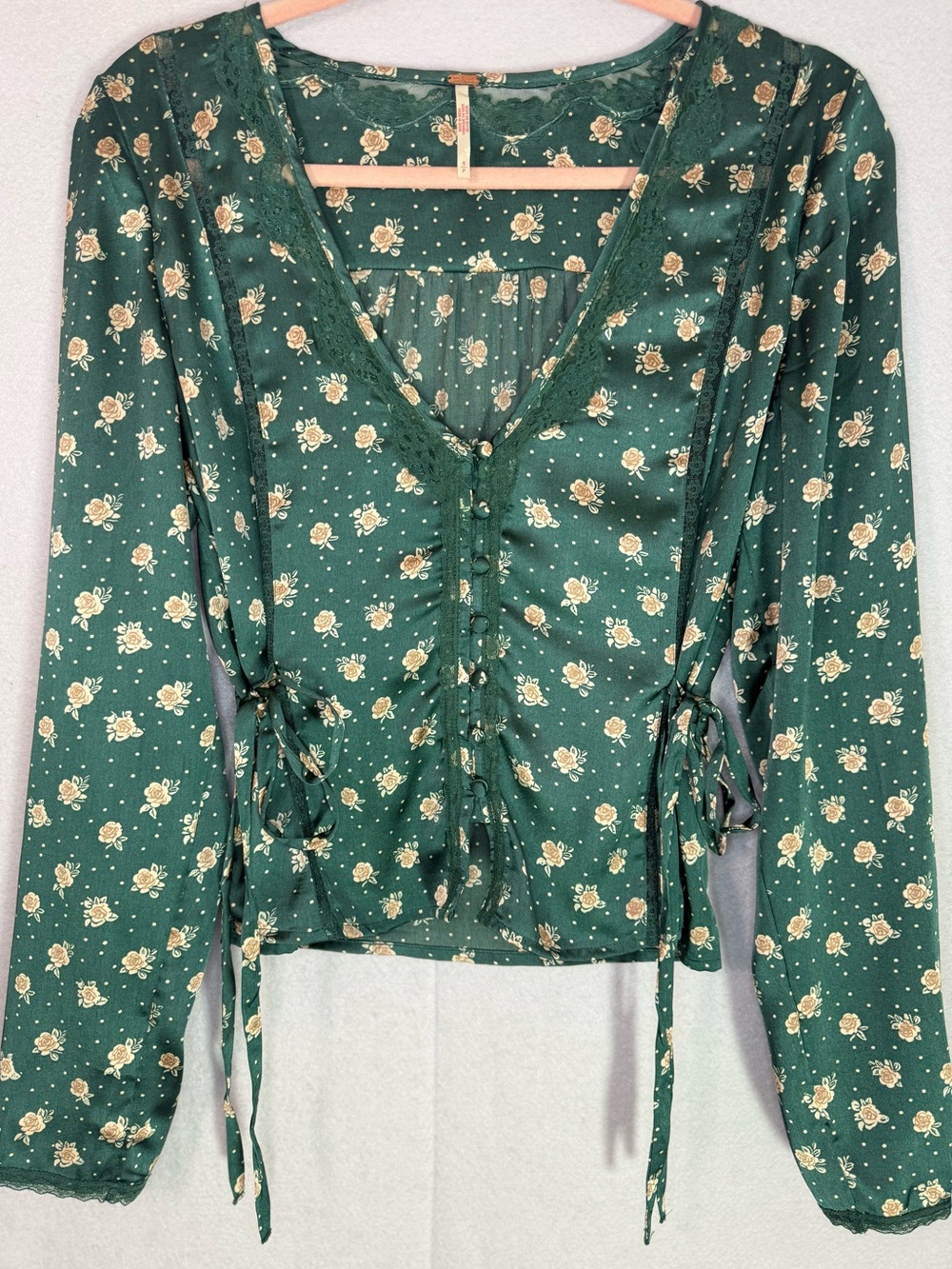 Free People - Green Silk Floral Tie-Front Blouse (Field of Roses) - Size S